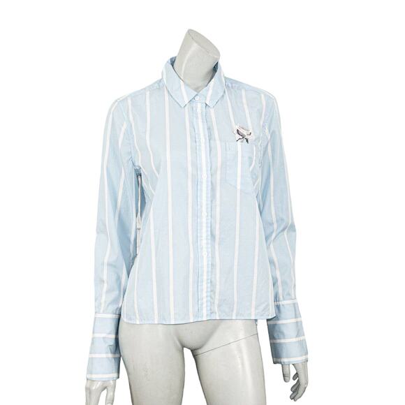 Equipment Femme $290 Embroidered Rose Button up Shirt blue stripe sz M - Picture 1 of 10